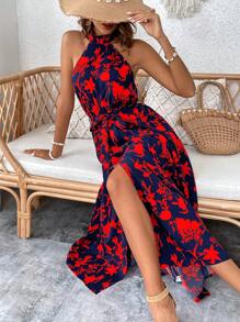 SHEIN VCAY Floral Print Split Thigh Belted Halter Dress - Multicolor - View 1