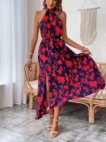 SHEIN VCAY Floral Print Split Thigh Belted Halter Dress - Multicolor - View 3