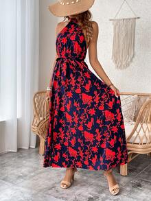 SHEIN VCAY Floral Print Split Thigh Belted Halter Dress - Multicolor - View 4