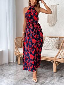 SHEIN VCAY Floral Print Split Thigh Belted Halter Dress - Multicolor - View 6