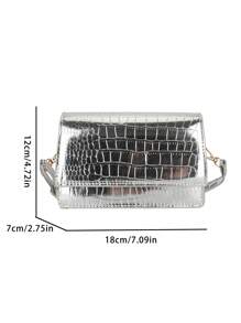 Mini Metallic Crocodile Embossed Flap Square Bag Silver , Funky, Punk & Bag For Street Wear - Silver - View 3