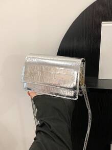 Mini Metallic Crocodile Embossed Flap Square Bag Silver , Funky, Punk & Bag For Street Wear - Silver - View 4