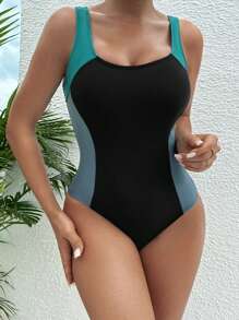 SHEIN Swim Colorblock One Piece Baddräkt, för sommarstrandsemester - Multifärgad - Visa 1