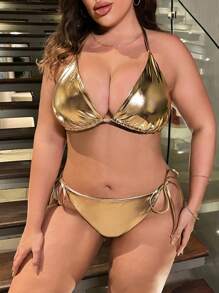 Swim SXY Summer Beach Plus Size Triangle Tie Side Bikini Set - Gold - View 4