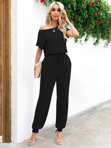 DEARCASE 素色不對稱領斜口袋連身褲 - 黑色 - 查看 3