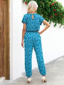 DEARCASE 滿版印花不對稱領連身褲 - 藍色 - 查看 2