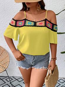 SHEIN Holidaya Blusa floral panel de croché de hombros descubiertos - Amarillo - Ver 4