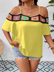 SHEIN Holidaya Blusa floral panel de croché de hombros descubiertos - Amarillo - Ver 5