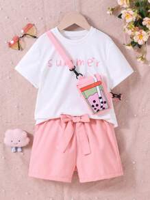 SHEIN Garotas Carta Gráfica Camiseta & Shorts & Conjunto De Bolsa