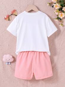 SHEIN Garotas Carta Gráfica Camiseta & Shorts & Conjunto De Bolsa