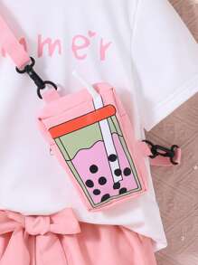 SHEIN Garotas Carta Gráfica Camiseta & Shorts & Conjunto De Bolsa