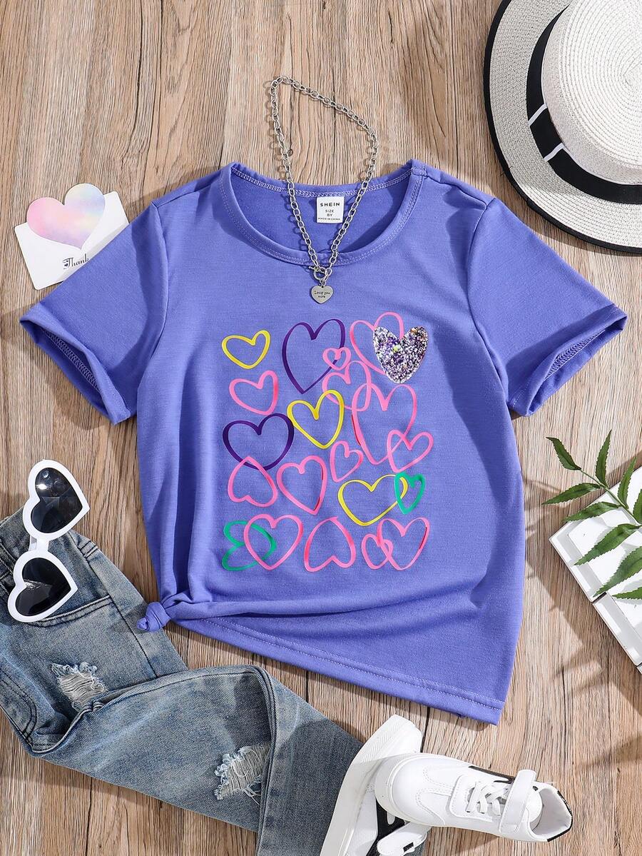 Girls Heart Print Tee - Blue - View 1
