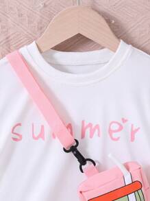 SHEIN Garotas Carta Gráfica Camiseta & Shorts & Conjunto De Bolsa