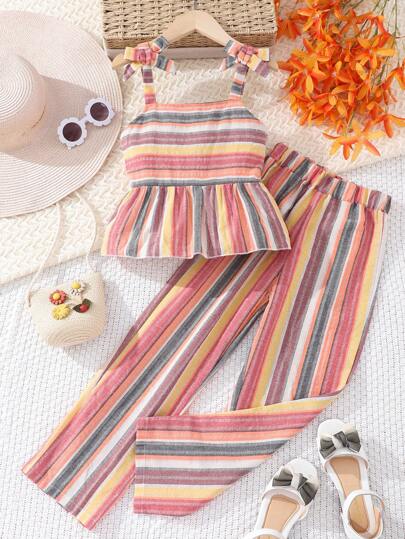 Tween Girl Striped Print Bow Shoulder Peplum Cami Top & Pants Set