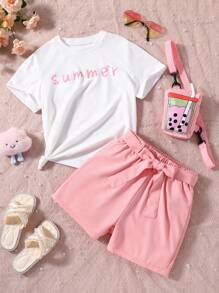 SHEIN Garotas Carta Gráfica Camiseta & Shorts & Conjunto De Bolsa