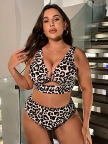 SHEIN Swim Curve Conjunto de bikini verano playa de talla grande con estampado de leopardo y anillos enlazados