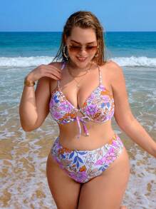 Swim Vcay Plus Size Floral Print Tie Front Bikini Set Summer Beach - Multicolor - View 1