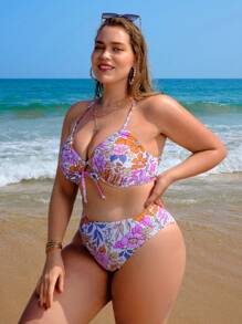 Swim Vcay Plus Size Floral Print Tie Front Bikini Set Summer Beach - Multicolor - View 7