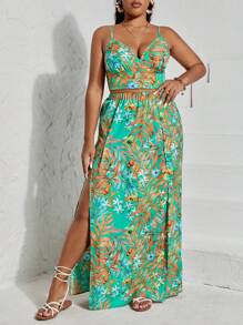 SHEIN VCAY 大碼熱帶圖案吊帶上衣和高衩半身裙 - 彩色 - 查看 4