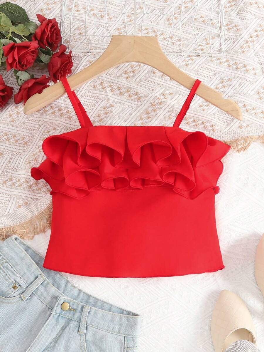 Chicas Top de tirantes ribete con fruncido - Rojo - Ver 1