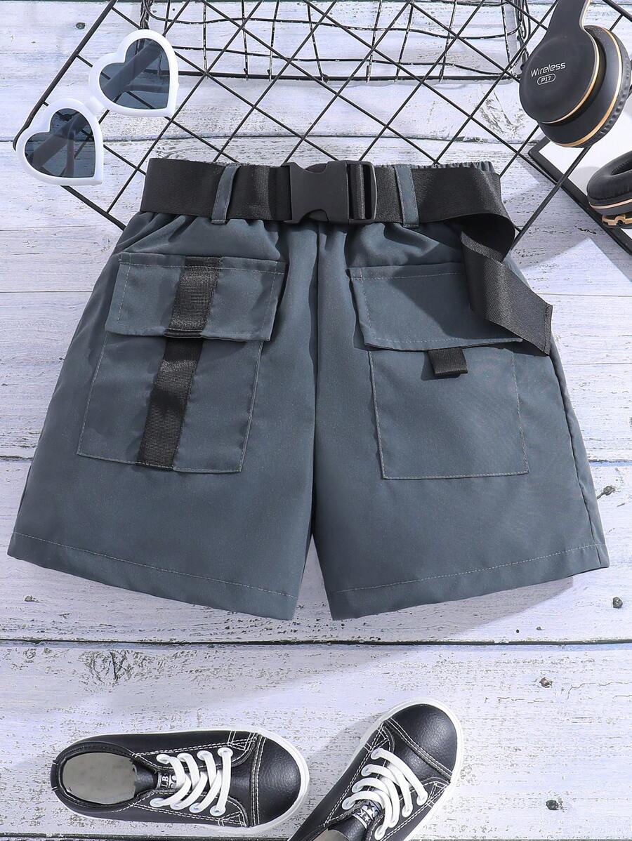 女孩翻蓋口袋工裝短褲 - 灰色 - 查看 1