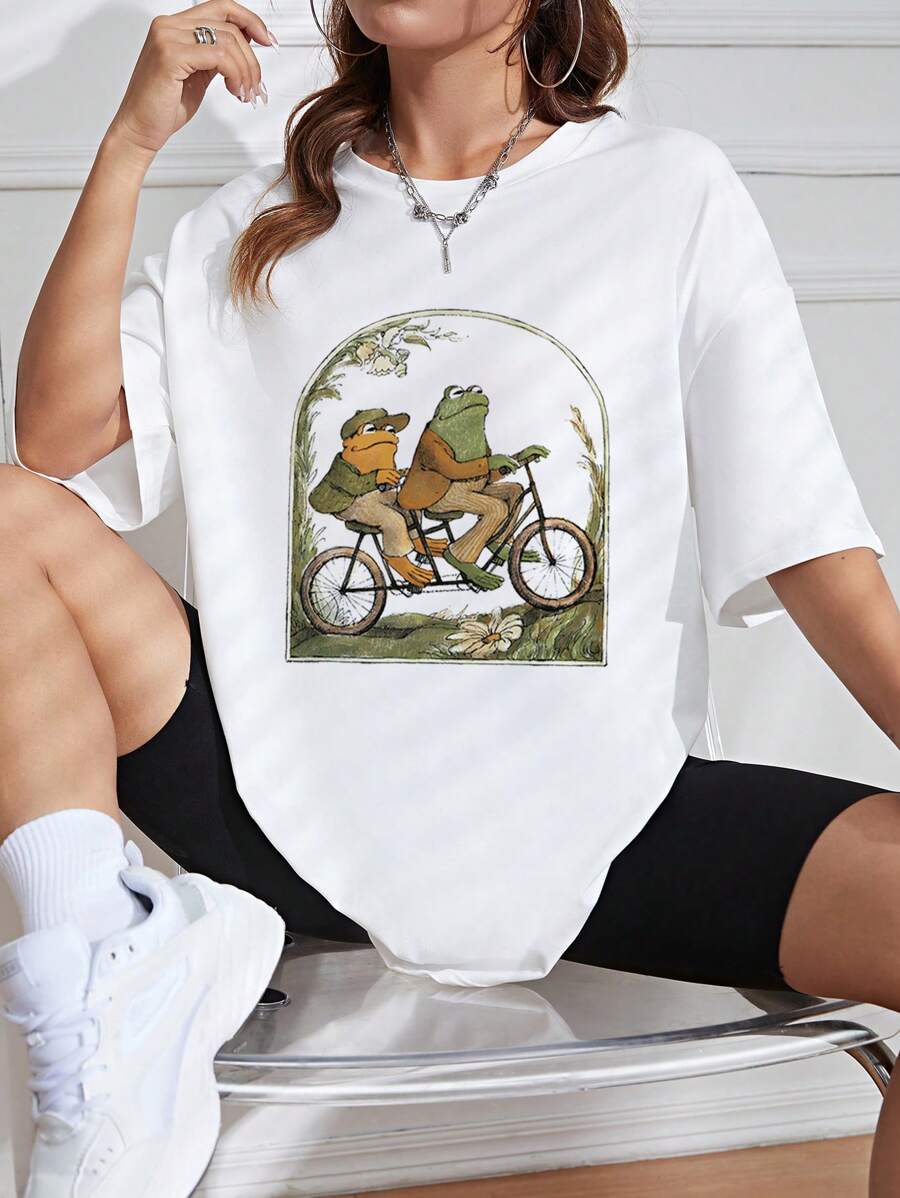 SHEIN EZwear Frog Print Drop Shoulder Tee - White - View 1