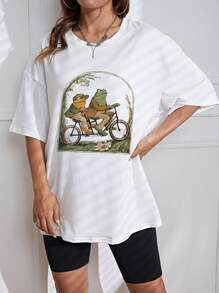 SHEIN EZwear Frog Print Drop Shoulder Tee - White - View 3