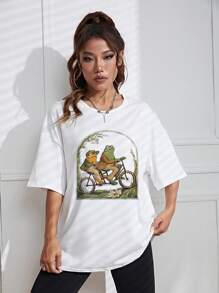 SHEIN EZwear Frog Print Drop Shoulder Tee - White - View 5