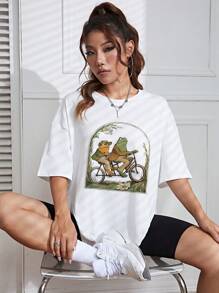 SHEIN EZwear Frog Print Drop Shoulder Tee - White - View 6