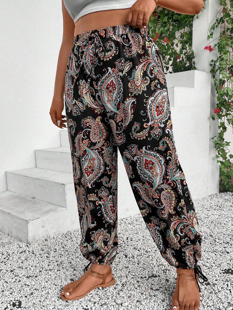SHEIN LUNE Quần Plus Size Thắt nút Paisley Boho - Nhiều màu - Xem 1