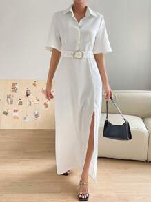 SHEIN Essnce 素色高衩腰帶襯衫連衣裙 - 白色 - 查看 1