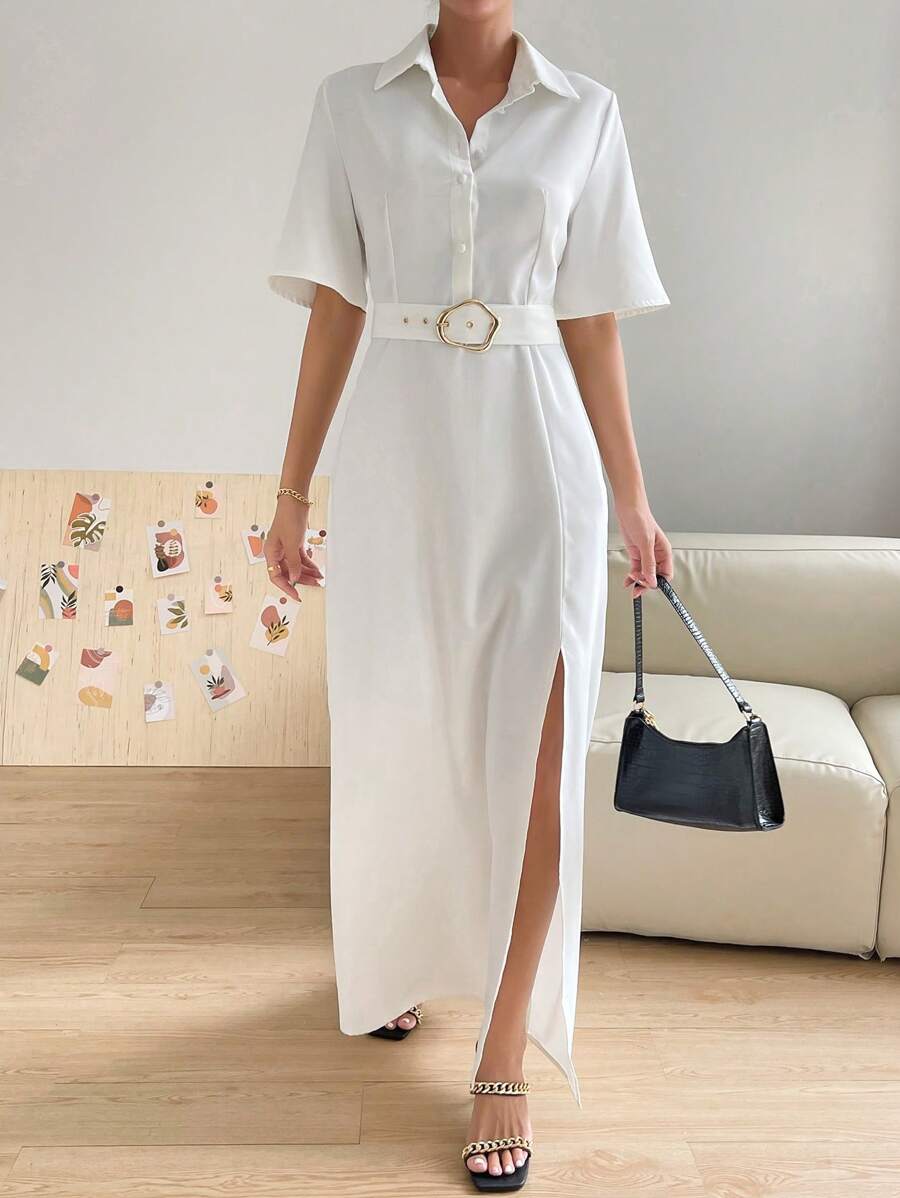 SHEIN Essnce 素色高衩腰帶襯衫連衣裙 - 白色 - 查看 1