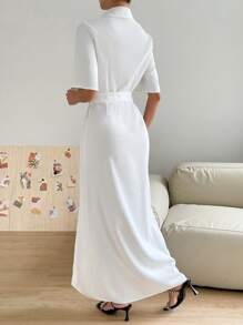 SHEIN Essnce 素色高衩腰帶襯衫連衣裙 - 白色 - 查看 2