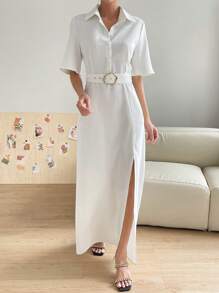 SHEIN Essnce 素色高衩腰帶襯衫連衣裙 - 白色 - 查看 3