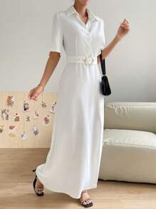 SHEIN Essnce 素色高衩腰帶襯衫連衣裙 - 白色 - 查看 6