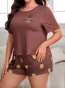 大碼鳳梨印花T恤和短褲睡衣套裝