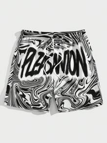 ROMWE MEN Street Life 男士字母图案抽绳腰短裤，学校 - 黑與白 - 查看 1
