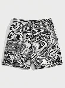 ROMWE MEN Street Life 男士字母图案抽绳腰短裤，学校 - 黑與白 - 查看 2