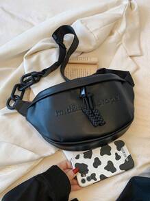 字母圖案腰包黑色鏈條帶時尚 - 黑色 - 查看 5