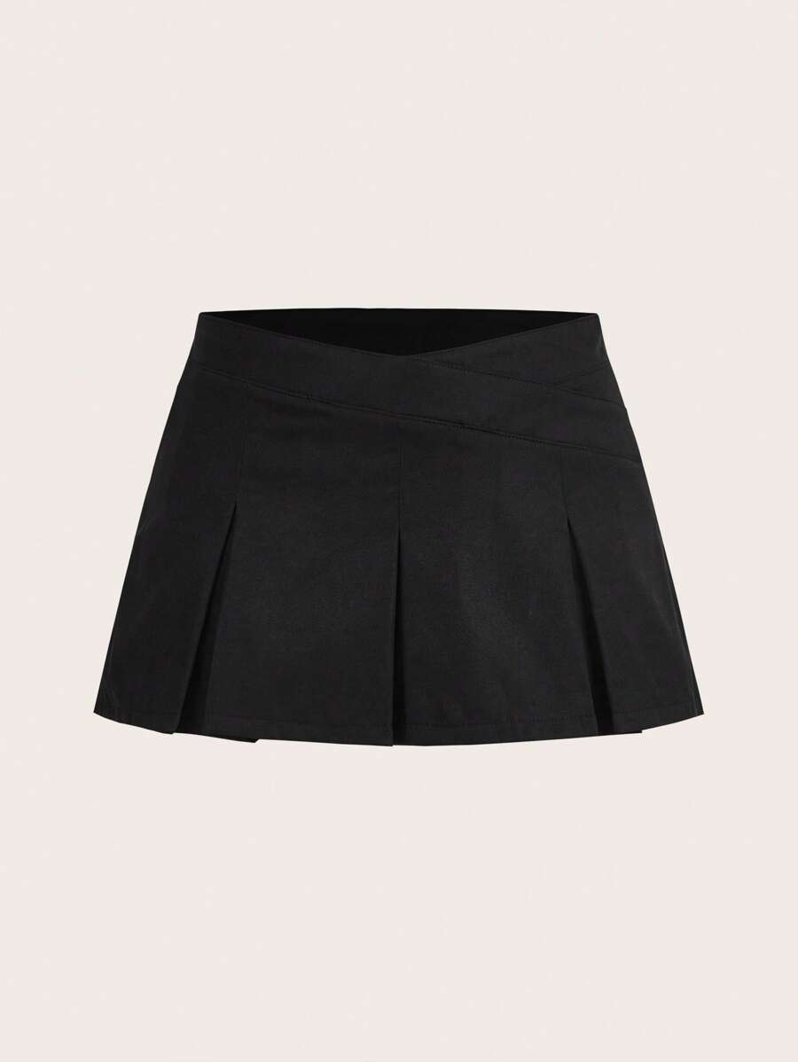 SHEIN ICON Black Solid Pleated Hem Mini Skirt - Black - View 1