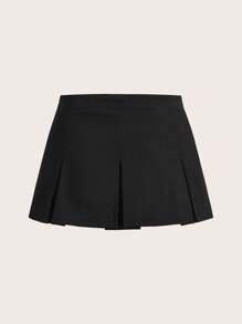 SHEIN ICON Black Solid Pleated Hem Mini Skirt - Black - View 2