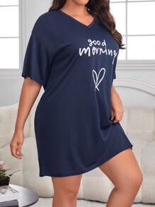 Plus Heart & Slogan Graphic Drop Shoulder Pajama Nightdress, Moo Moo