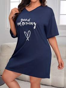 Plus Heart & Slogan Graphic Drop Shoulder Pajama Nightdress, Moo Moo