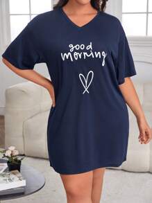 Plus Heart & Slogan Graphic Drop Shoulder Pajama Nightdress, Moo Moo