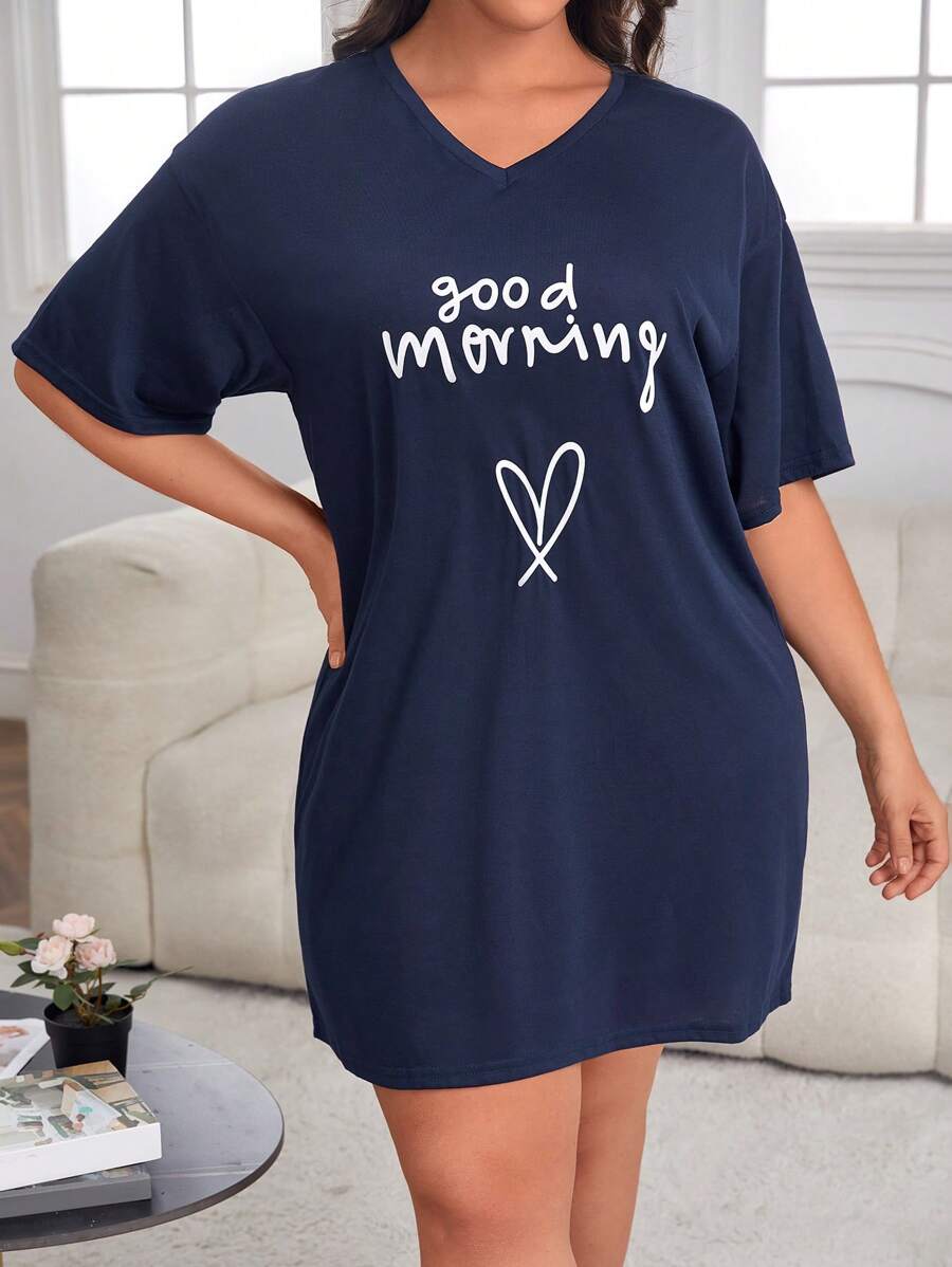 Plus Heart & Slogan Graphic Drop Shoulder Pajama Nightdress, Moo Moo