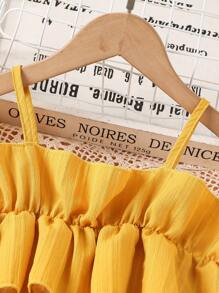 Tween Girl Cold Shoulder Ruffle Trim Belted Dress - Yellow - View 5