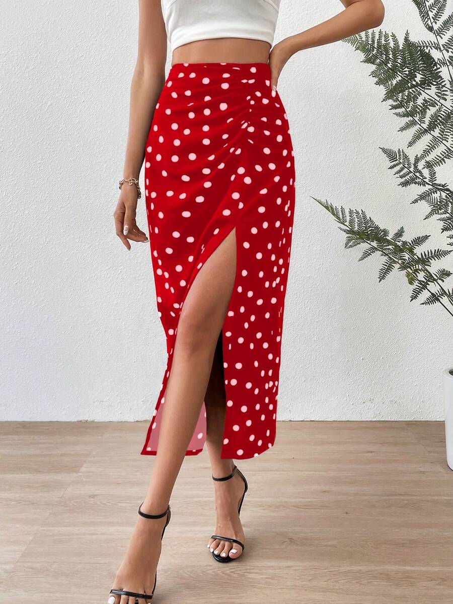 SHEIN Privé Falda de lunares fruncido de muslo con abertura - Rojo - Ver 1