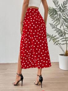 SHEIN Privé Falda de lunares fruncido de muslo con abertura - Rojo - Ver 2
