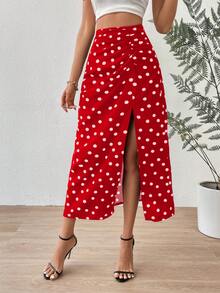 SHEIN Privé Falda de lunares fruncido de muslo con abertura - Rojo - Ver 3