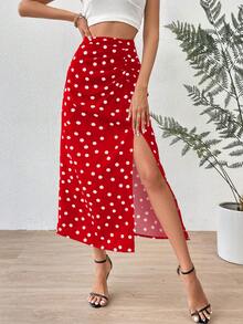 SHEIN Privé Falda de lunares fruncido de muslo con abertura - Rojo - Ver 4